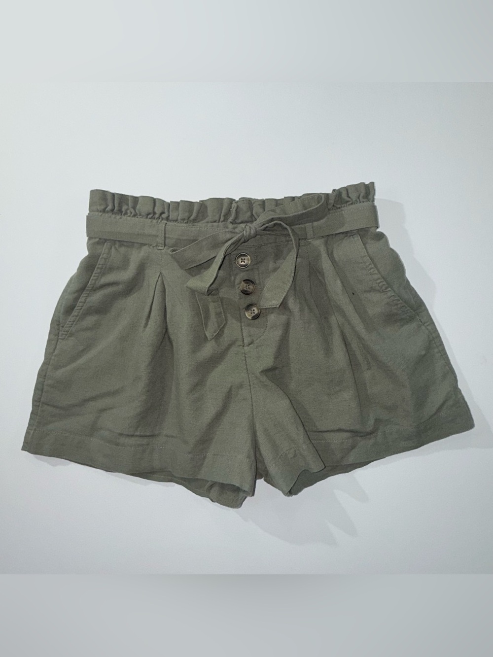 American Eagle Olive Green Paperbag Waist Linen Blend Shorts Medium
